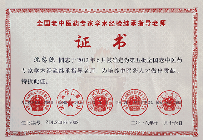 全国老中医药专家学术经验继承指导老师证书
